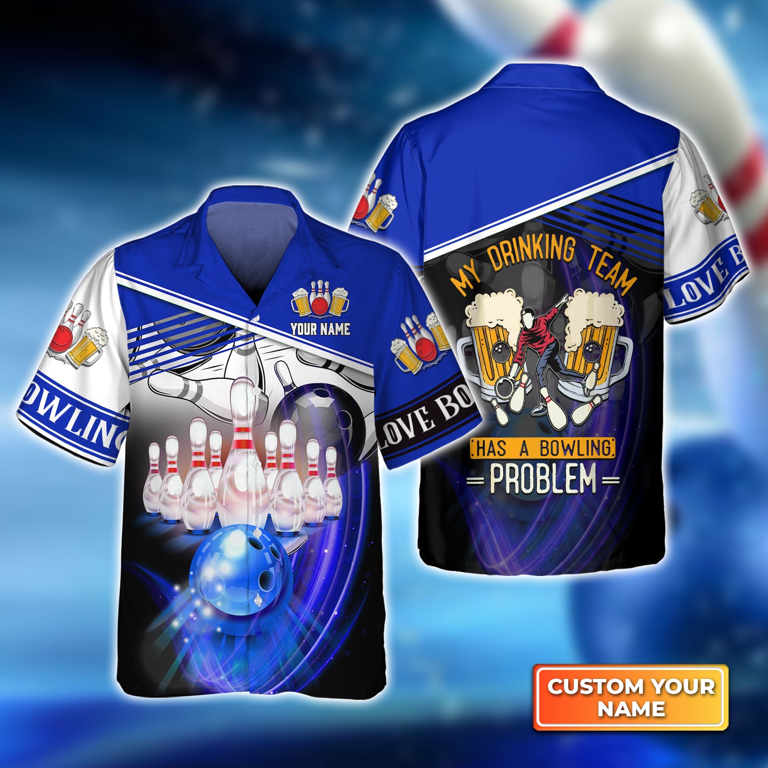 My Drinking Team Blue Bowling Ball Crashing Into Pins Personalized Name 3D Hawaiian Shirt QB95