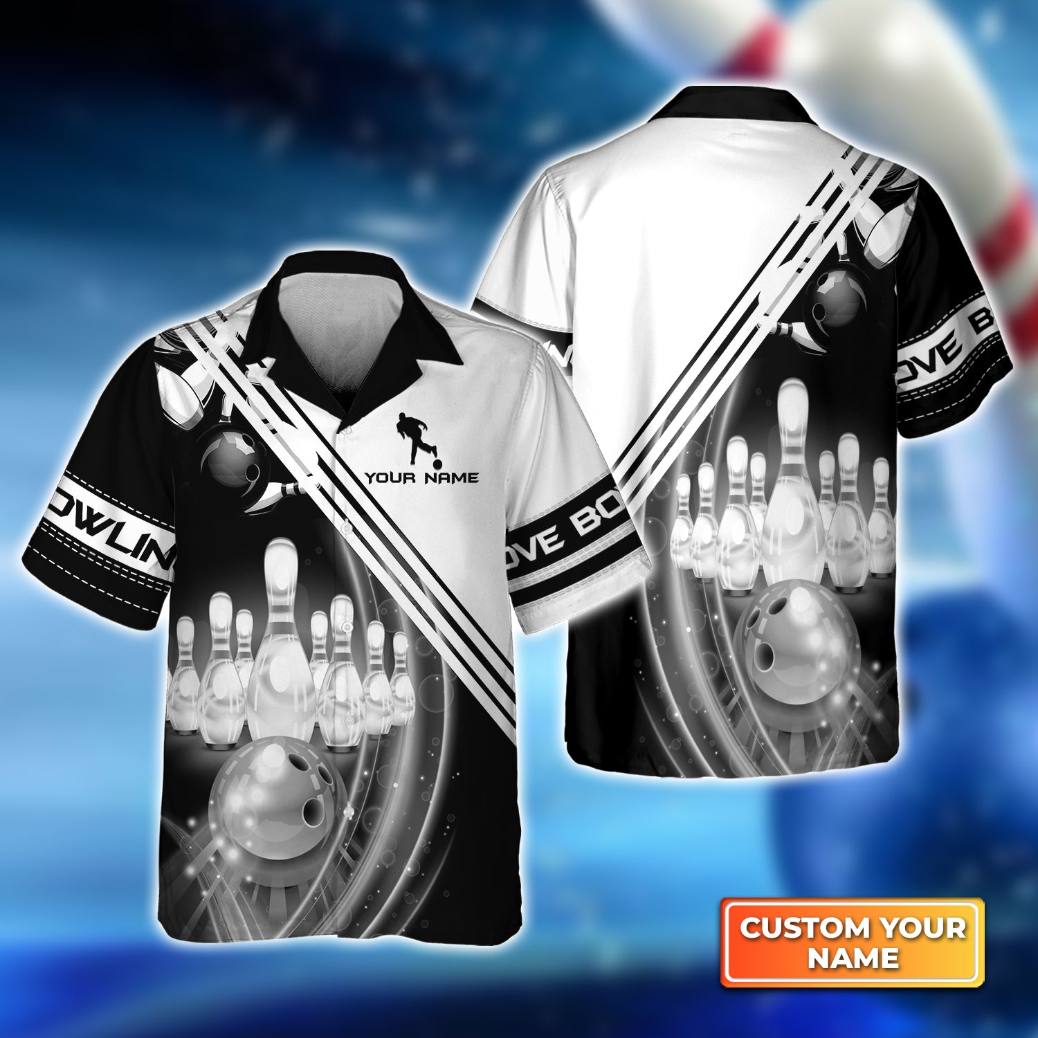 Black And White Bowling Ball In Motion And The Pins Personalized Name 3D Hawaiian Shirt QB95