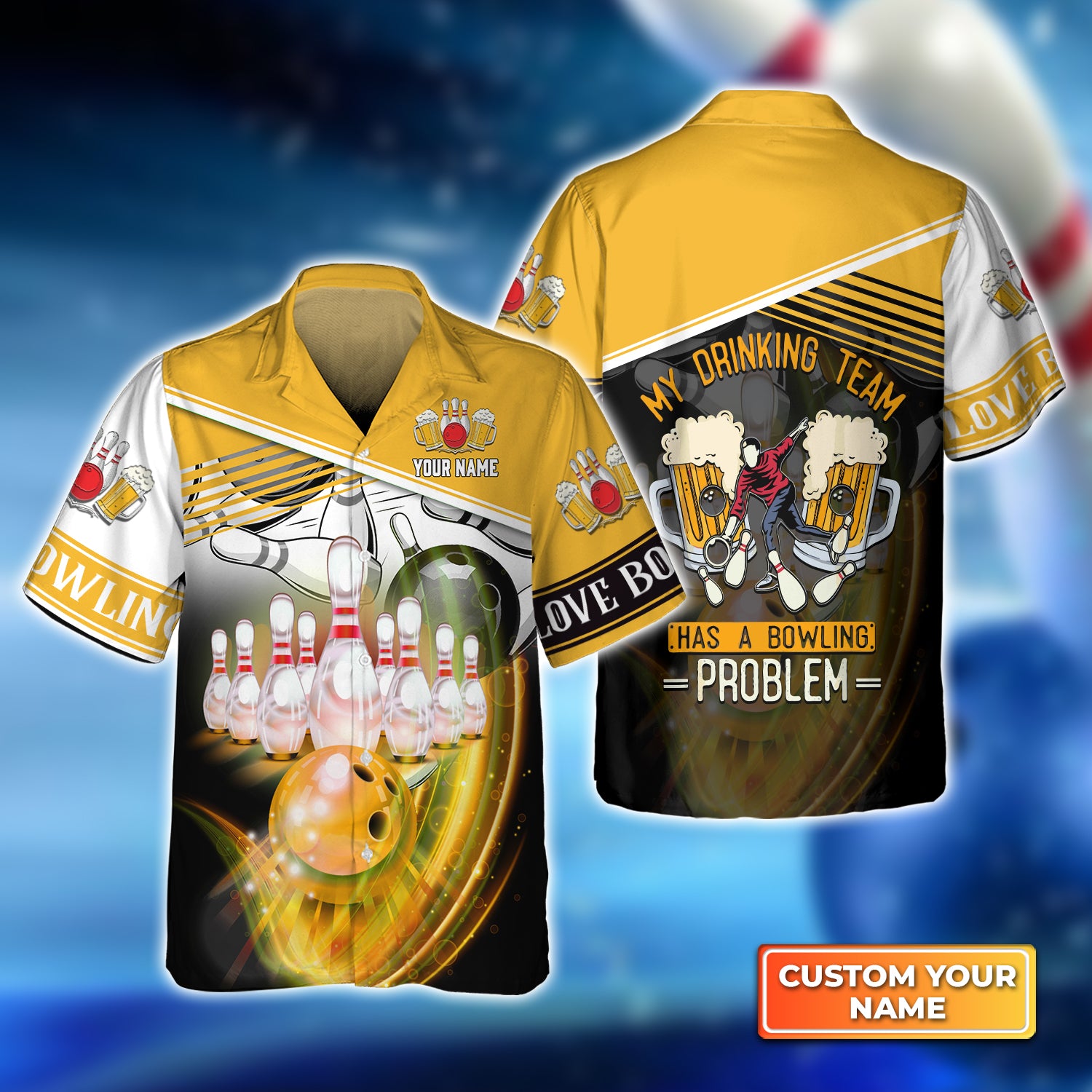 My Drinking Team Yellow Bowling Ball Crashing Into Pins Personalized Name 3D Hawaiian Shirt QB95