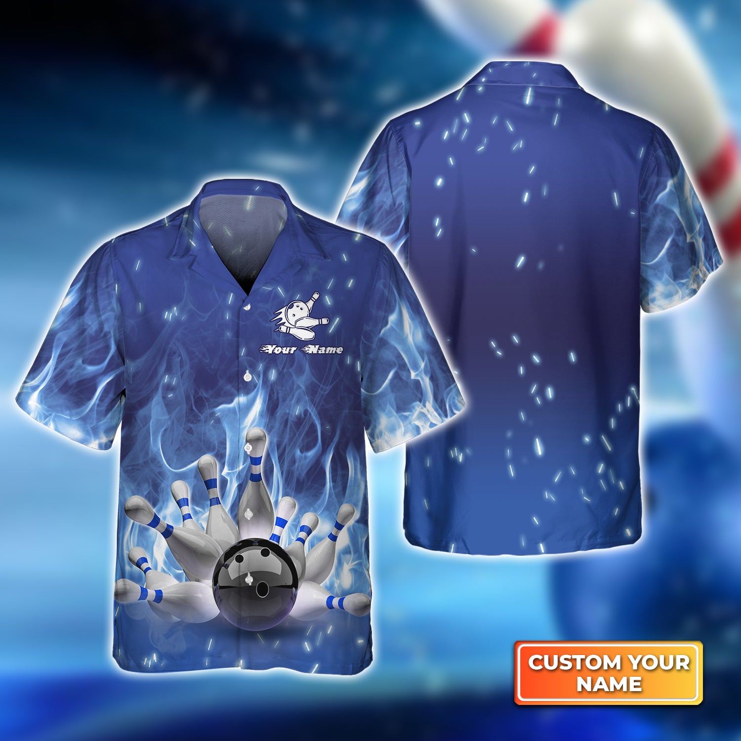 Bowling On Blue Fire Personalized Name 3D Hawaiian Shirt QB95