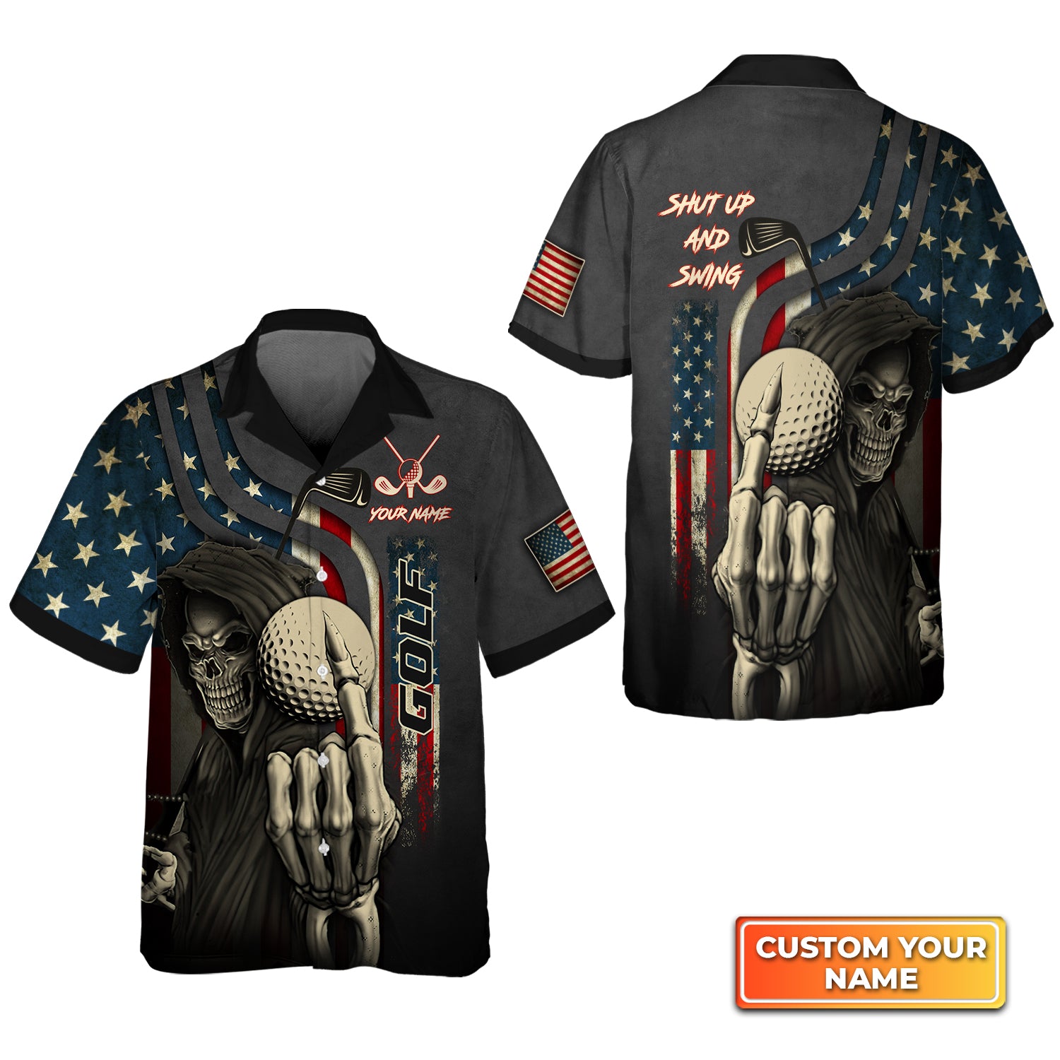 America Flag Skull Golf Shut Up And Swing - Personalized Name 3D Hawaiian Shirt QB95 Gift For Golfer