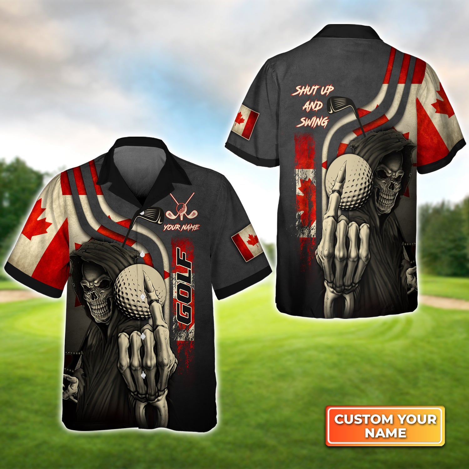 Canada Flag Skull Golf Shut Up And Swing - Personalized Name 3D Hawaiian Shirt QB95 Gift For Golfer