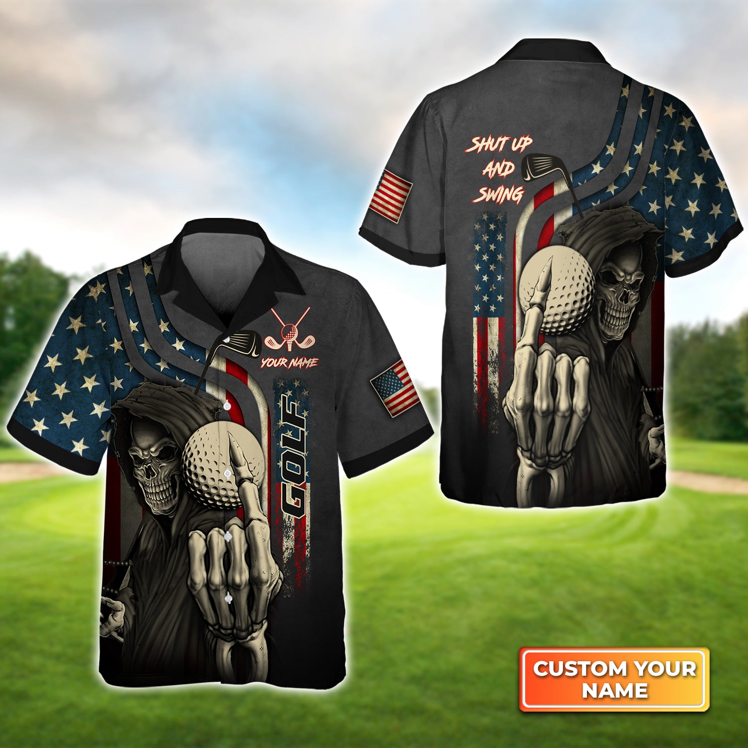 America Flag Skull Golf Shut Up And Swing - Personalized Name 3D Hawaiian Shirt QB95 Gift For Golfer