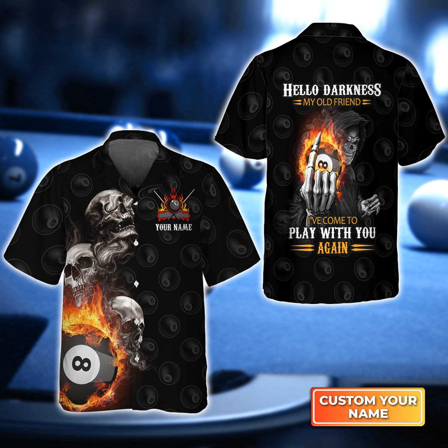 Skull Reaper Billiard Pool 8 Ball Hello Darkness My Old Friend Personalized Name 3D Hawaiian Shirt For Billiard Players QB95