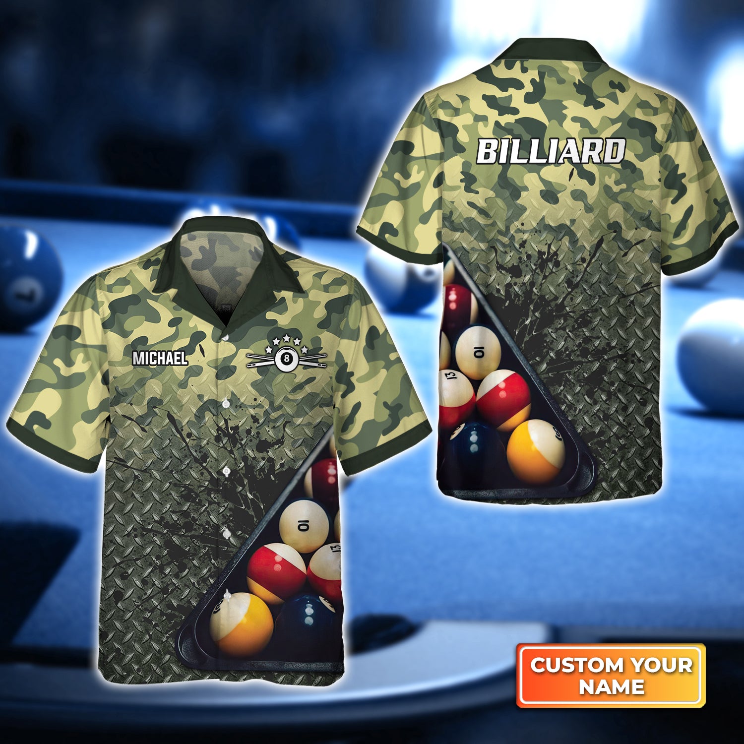 Green Camo Billiard Personalized Name 3D Hawaiian Shirt For Billiard Players QB95