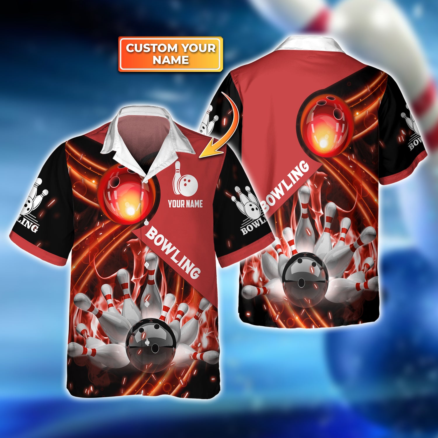 Red Bowling Ball In Fire Personalized Name 3D Hawaiian Shirt QB95