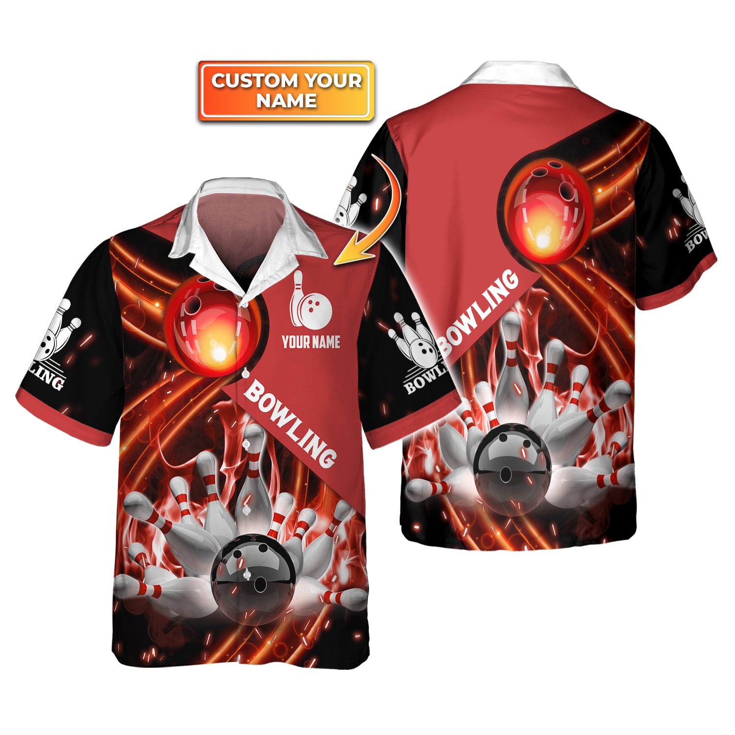 Red Bowling Ball In Fire Personalized Name 3D Hawaiian Shirt QB95