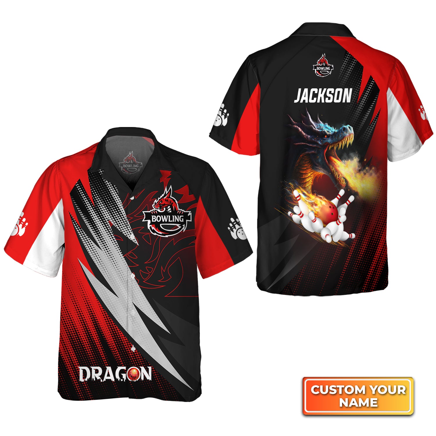 Dragon Team Red Bowling Ball On Fire Personalized Name 3D Hawaiian Shirt QB95