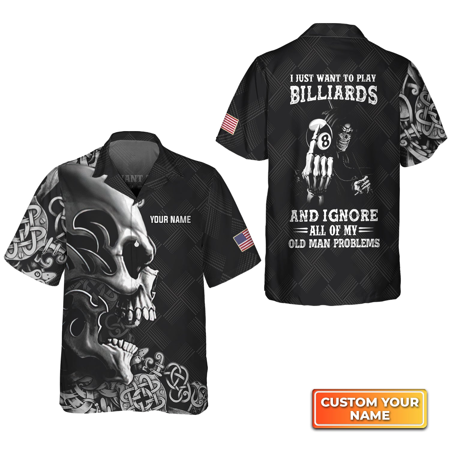 Skull Billiard 8-Ball Pool Player Old Men Personalized Name 3D Hawaiian Shirt For Billiard Players QB95