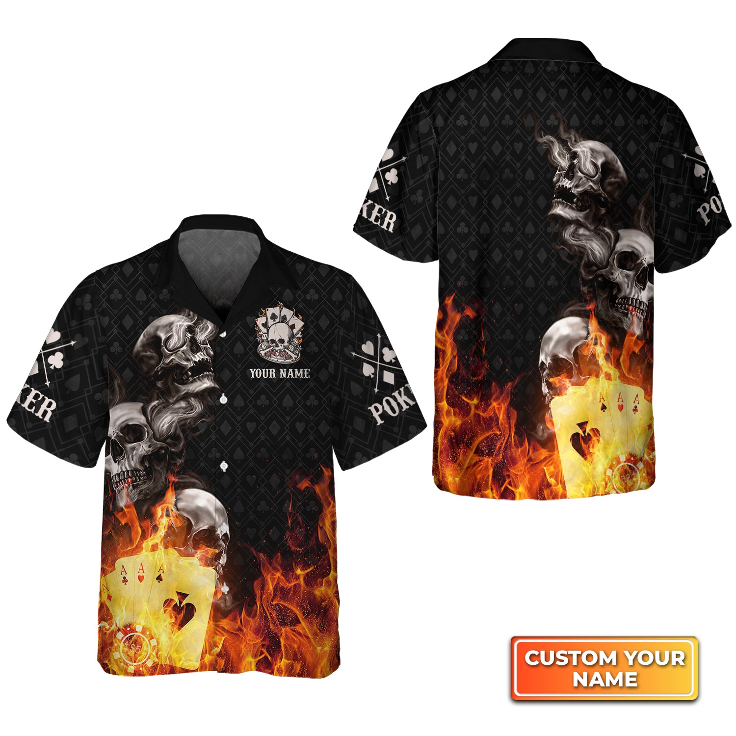 Poker Four Of A Kind Aces Skull On Fire Personalized Name 3D Hawaiian Shirt For Poker Players QB95