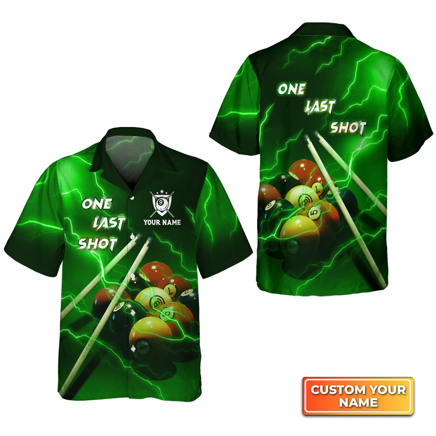 One Last Shot Billiard 9 Ball Thunder Lightning Fluor Green Personalized Name 3D Hawaiian Shirt For Billiard Players QB95