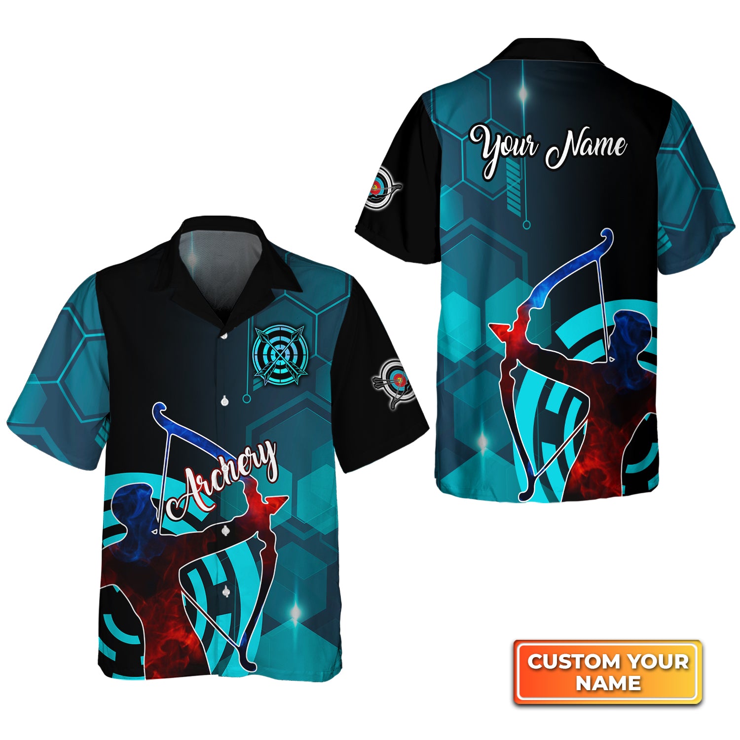 Archery Watercolor Short Sleeve Shirts Personalized Name 3D Target Bow Hawaiian Shirt QB95 Gift For Archer Sport Lovers