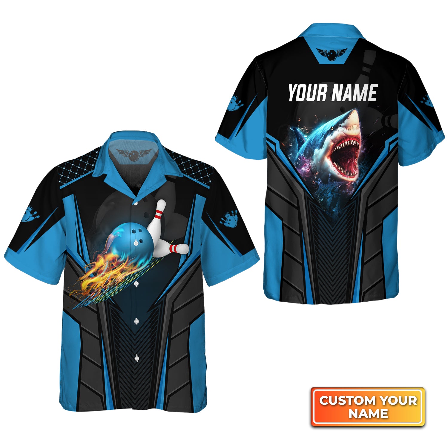 Shark Team Blue Bowling Ball Personalized Name 3D Hawaiian Shirt QB95