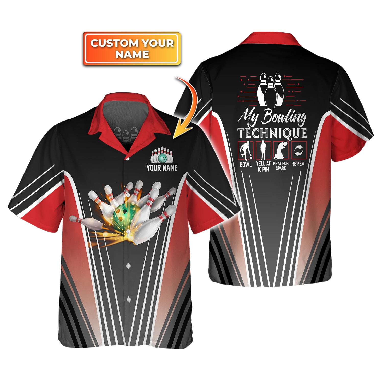 Bowling In Red My Bowling Technique Personalized Name 3D Hawaiian Shirt QB95