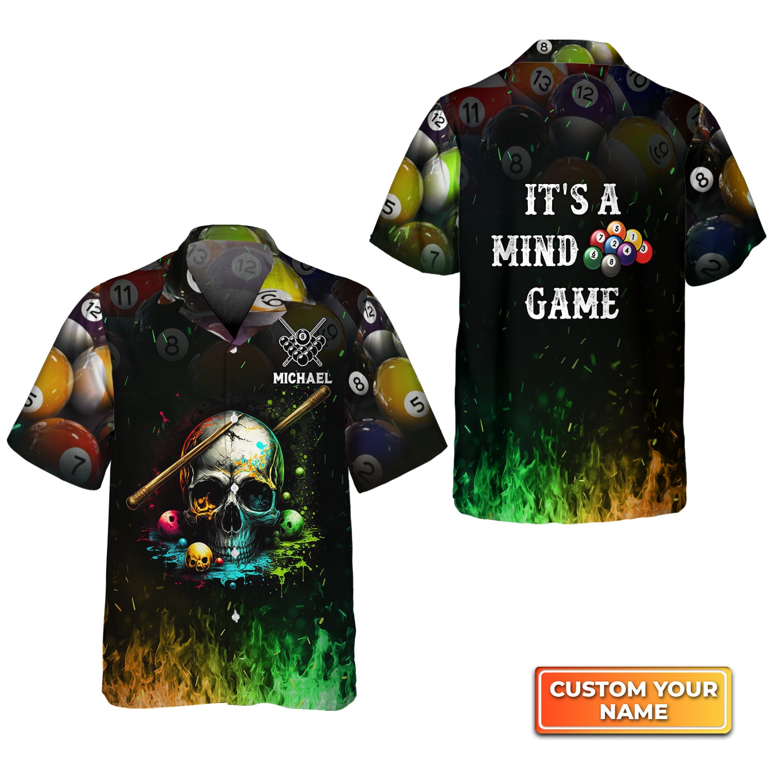 Dead Stroke Skull Billiard On Fire Personalized Name 3D Hawaiian Shirt For Billiard Players QB95