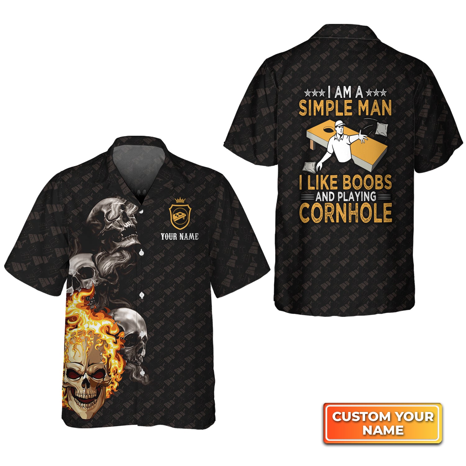 Cornhole Skull Fire Flame Funny Personalized Name 3D Hawaiian Shirt For Cornhole Players QB95