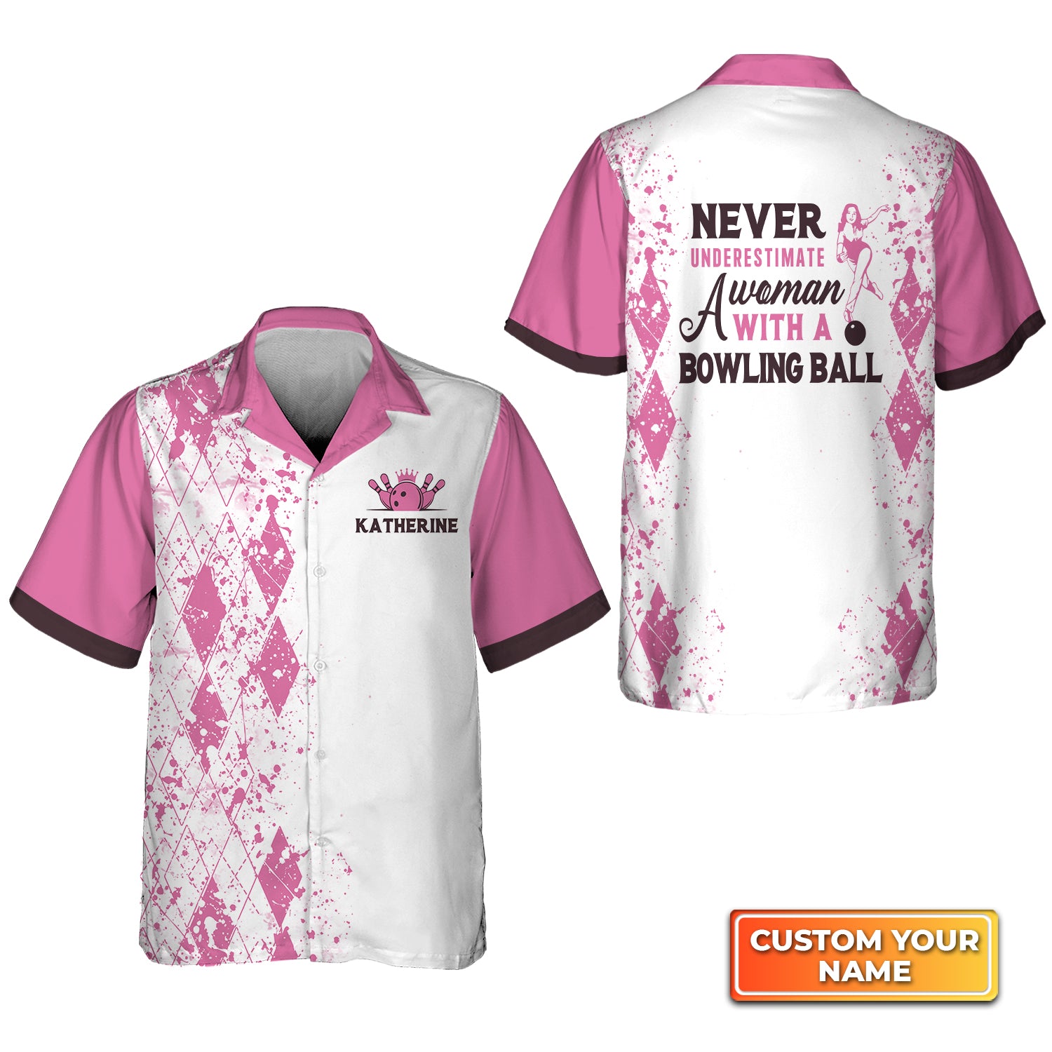 Never Underestimate a Woman with a Bowling Ball Pink Bowling Personalized Name 3D Hawaiian Shirt QB95