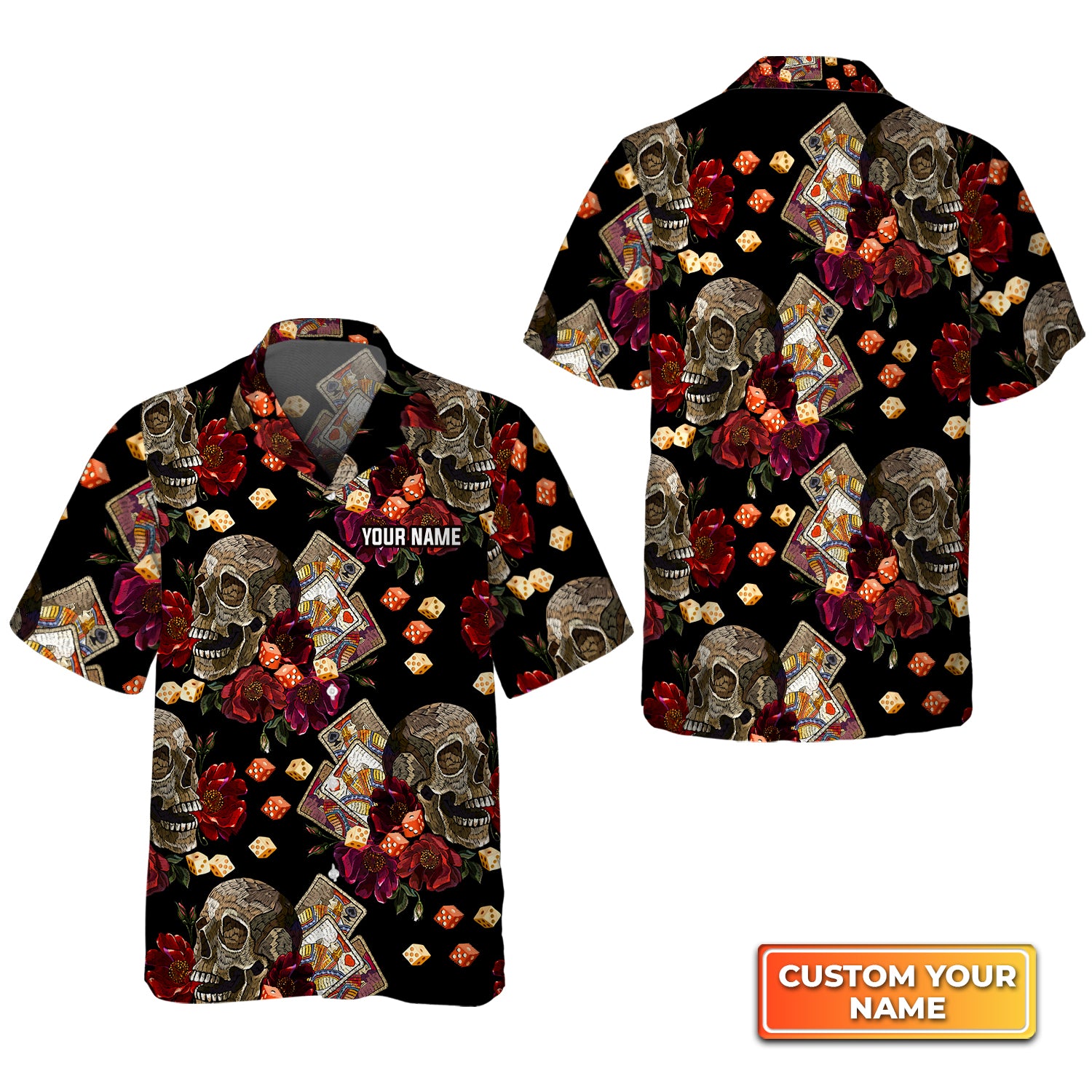 Casino Skull Colorful Personalized Name 3D Hawaiian Shirt For Poker Players QB95