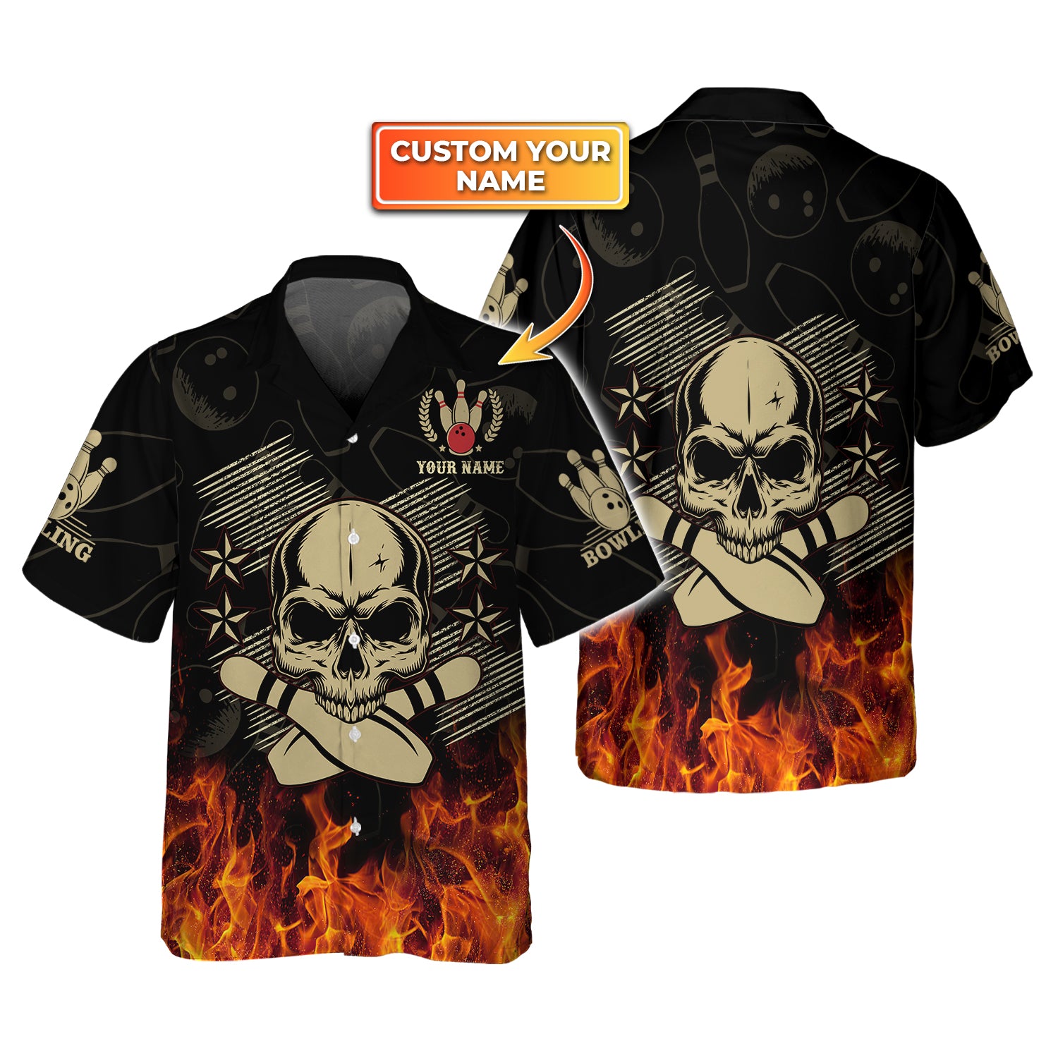 Skull Bowling In Fire Personalized Name 3D Hawaiian Shirt QB95