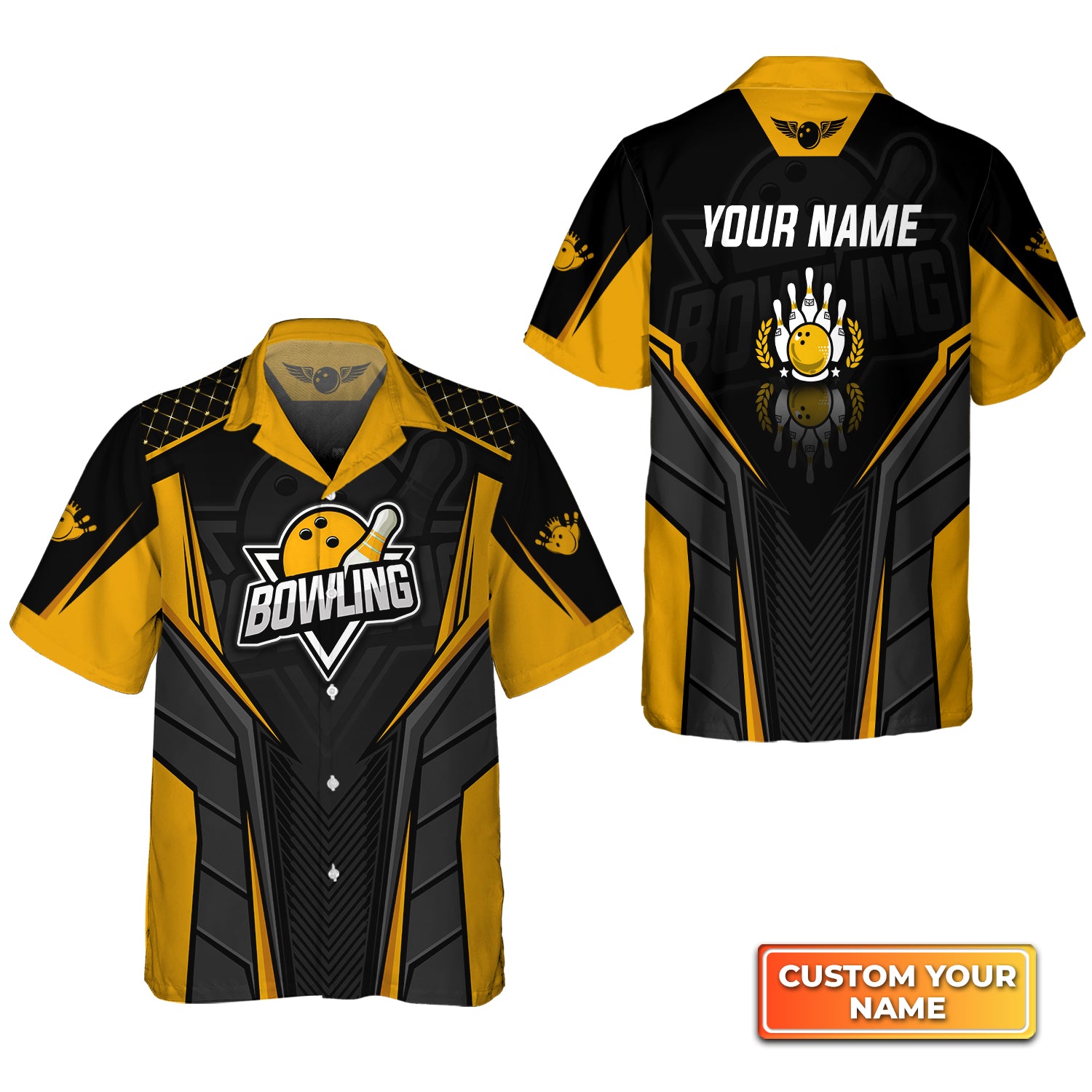 Unisex Bowling Pin And Bowl Ball Yellow Personalized Name 3D Hawaiian Shirt QB95 Gift For Bowler
