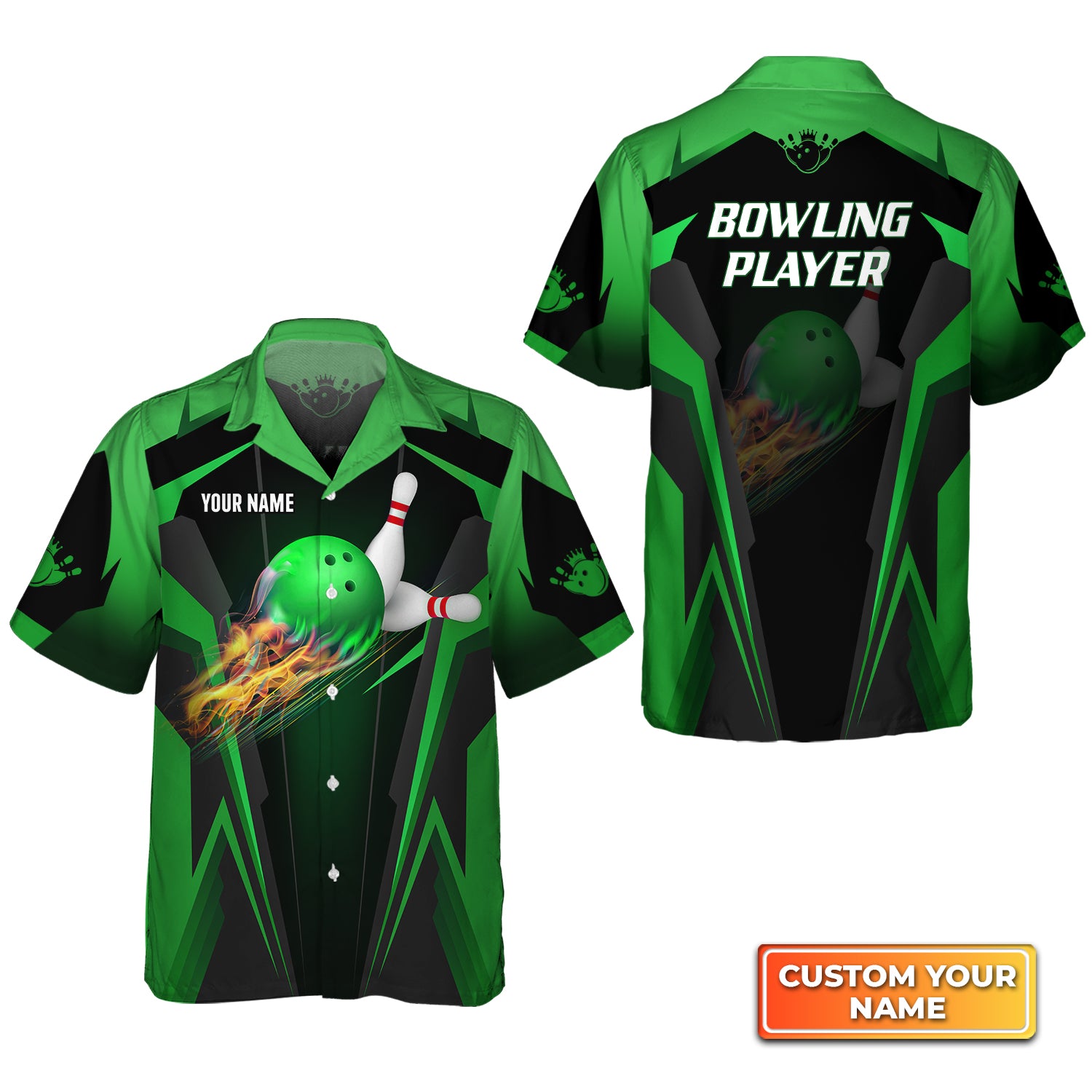 The Green Bowling Ball in Flames Breaks White Skittles Personalized Name 3D Hawaiian Shirt QB95