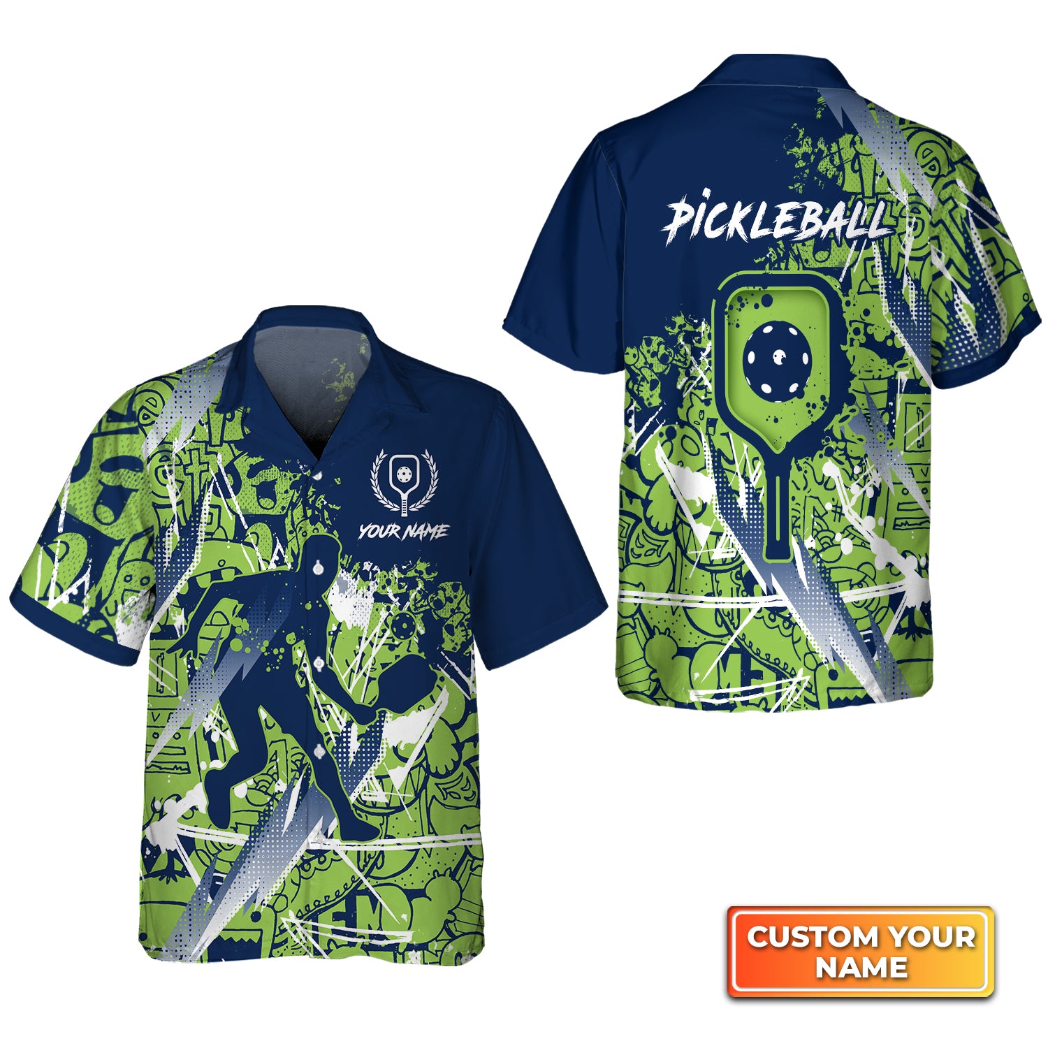 Pickleball - Scritch Man Green Blue Pattern Personalized Name 3D Hawaiian Shirt QB95 Gift For Pickleball Player