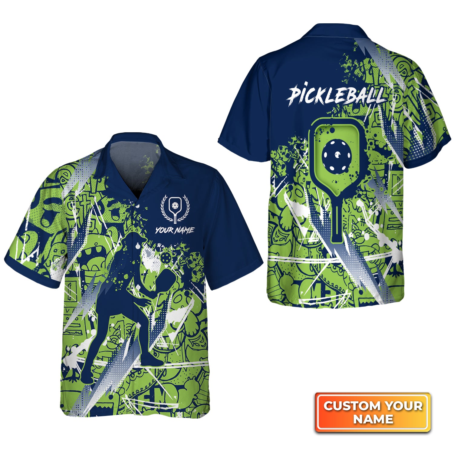 Pickleball - Scritch Woman Green Blue Pattern Personalized Name 3D Hawaiian Shirt QB95 Gift For Pickleball Player