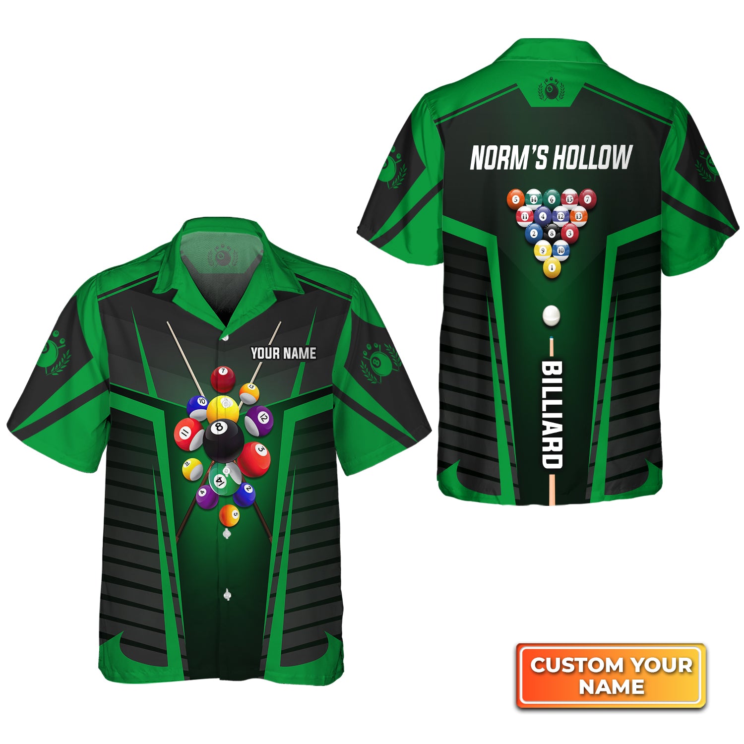 Norm’s Hollow Team Green Billiard Balls Personalized Name 3D Hawaiian Shirt For Billiard Players QB95