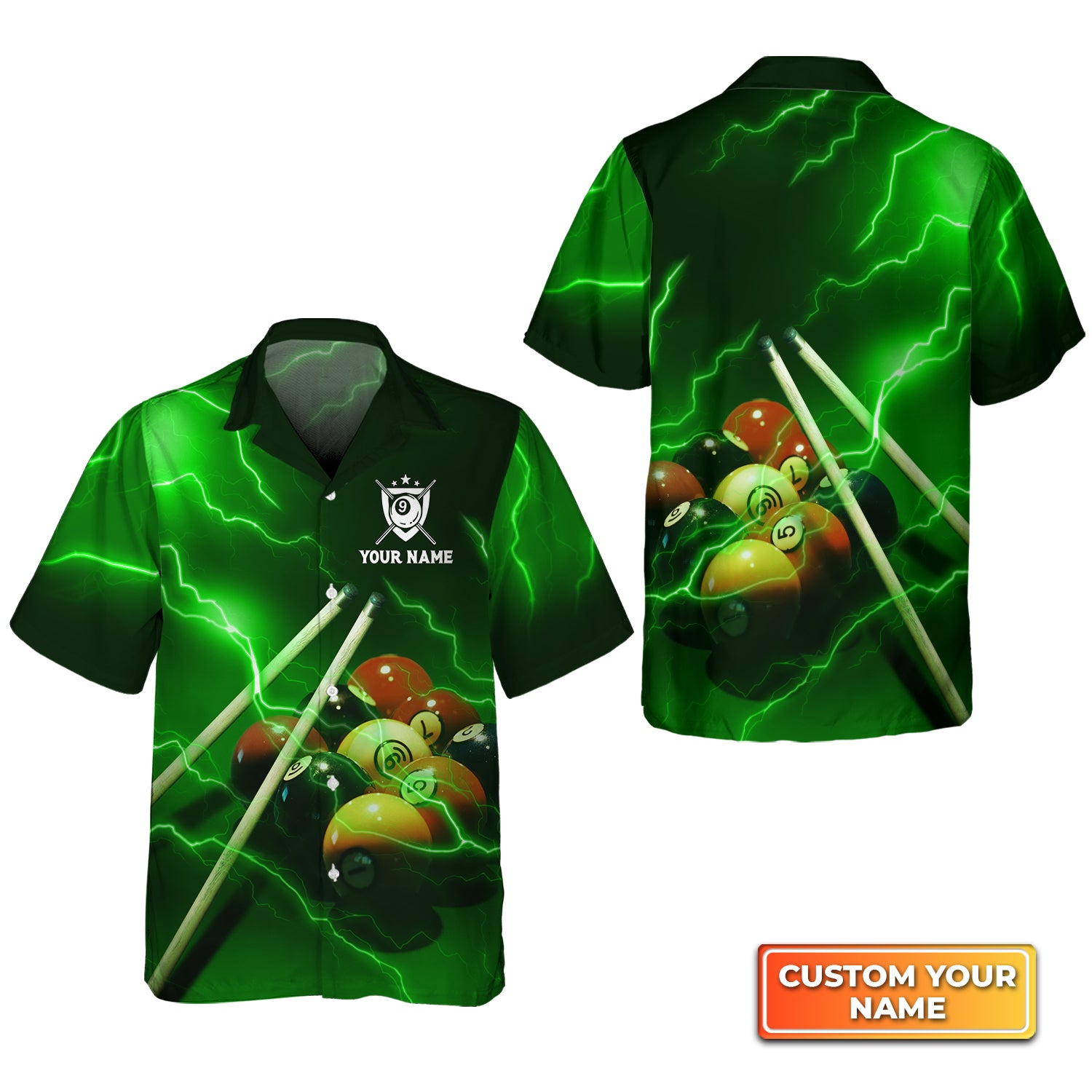 Billiard 9 Ball Thunder Lightning Fluor Green Personalized Name 3D Hawaiian Shirt For Billiard Players QB95