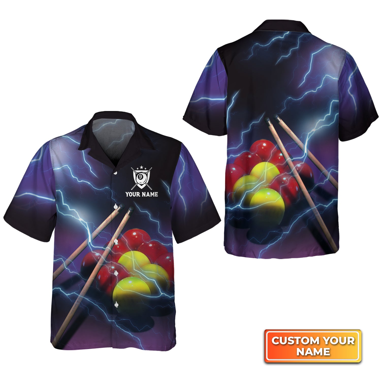 Yellow and Red Billiard Ball Thunder Lightning Personalized Name 3D Hawaiian Shirt For Billiard Players QB95