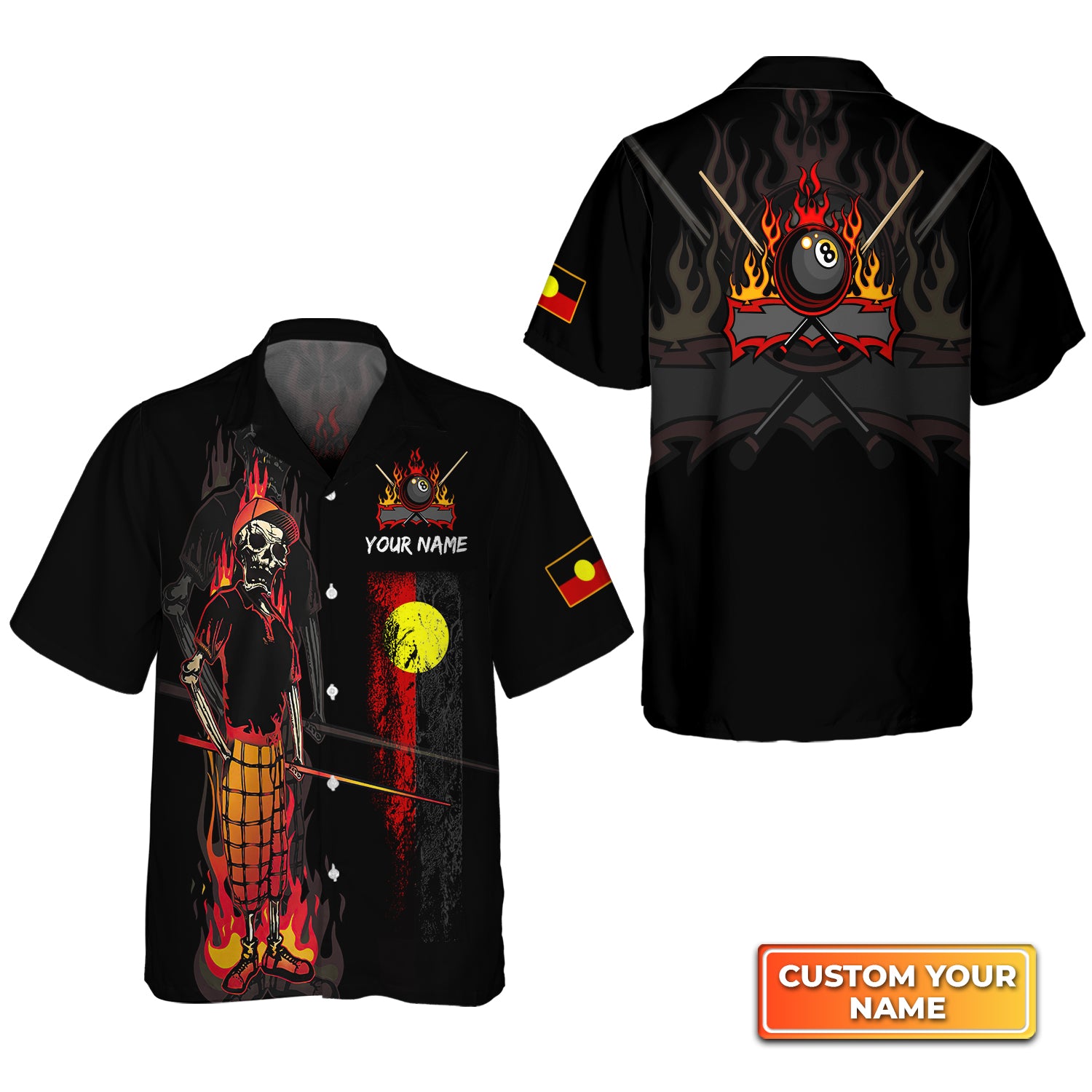 Bones 8 Ball Aboriginal Flag Billiards Personalized Name 3D Hawaiian Shirt For Billiard Players QB95