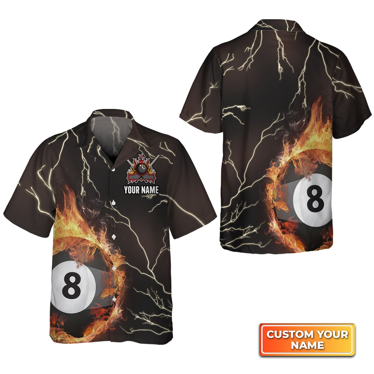 Billiard 8 Ball Thunder Fire FlameFlame Personalized Name 3D Hawaiian Shirt For Billiard Players QB95