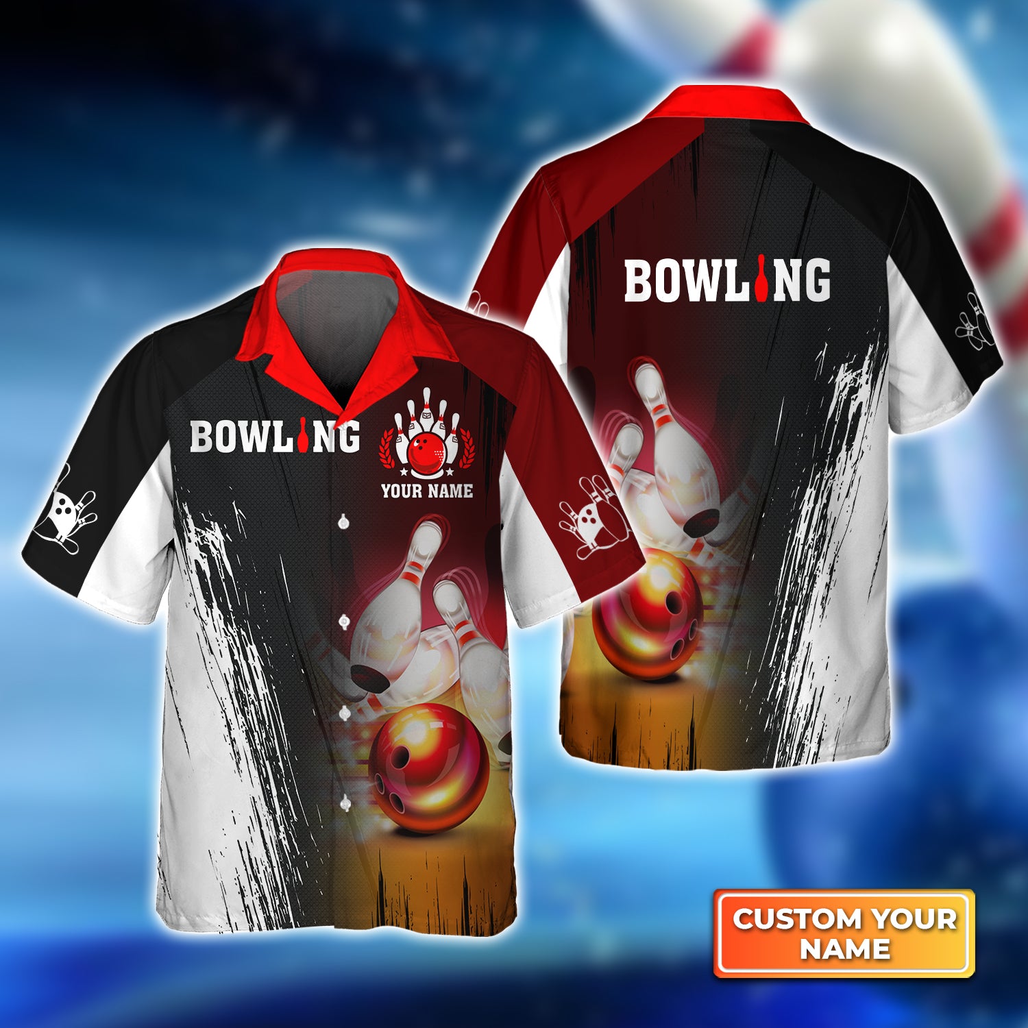 Red Bowling Ball Crashing Pins Personalized Name 3D Hawaiian Shirt QB95
