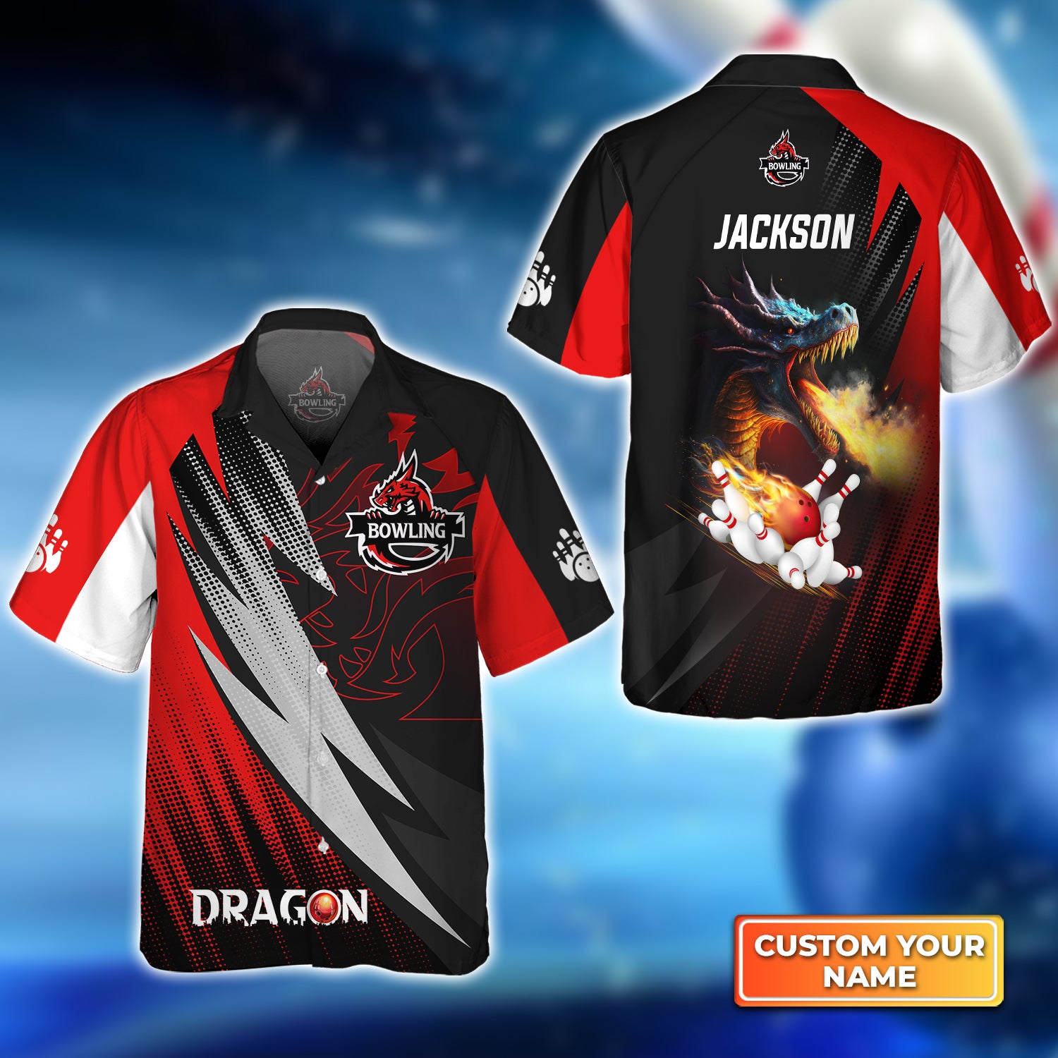 Dragon Team Red Bowling Ball On Fire Personalized Name 3D Hawaiian Shirt QB95