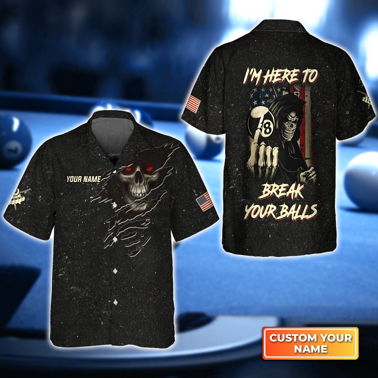 Skull Pool 8 Ball I'm Here To Break Your Balls Personalized Name 3D Hawaiian Shirt For Billiard Players QB95