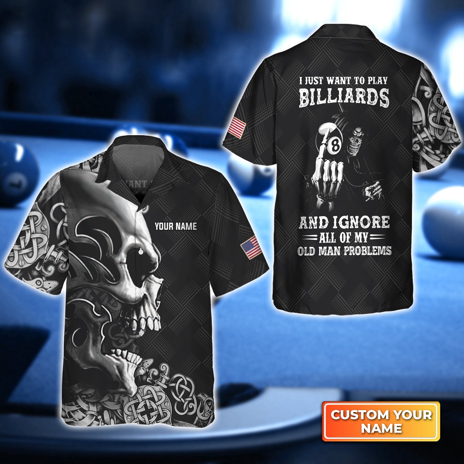 Skull Billiard 8-Ball Pool Player Old Men Personalized Name 3D Hawaiian Shirt For Billiard Players QB95