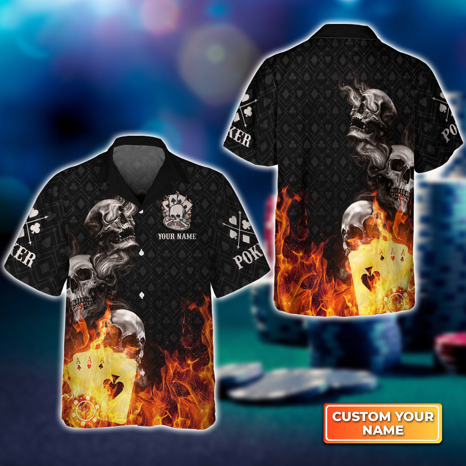 Poker Four Of A Kind Aces Skull On Fire Personalized Name 3D Hawaiian Shirt For Poker Players QB95