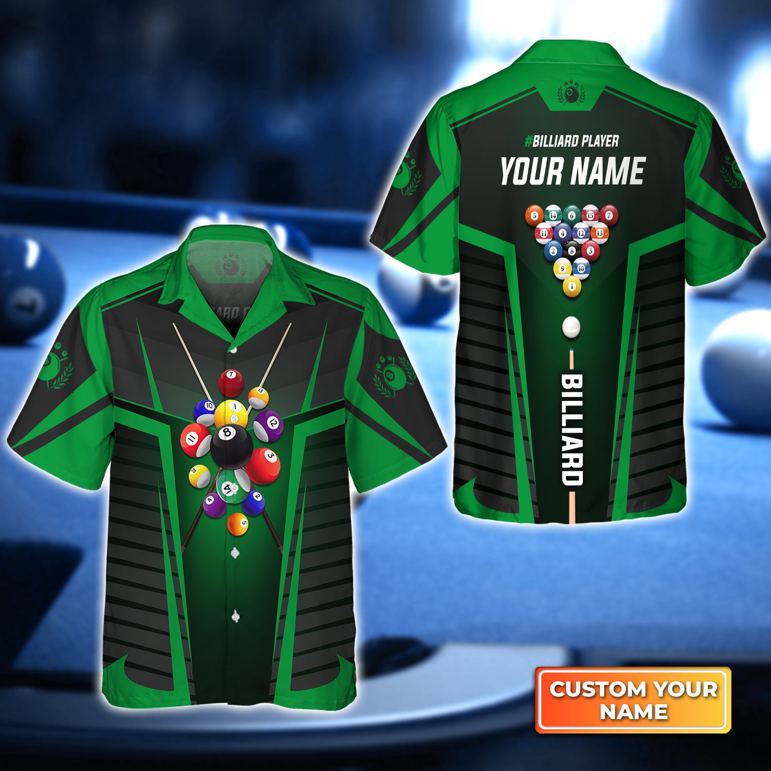 Green Billiard Balls Personalized Name 3D Hawaiian Shirt For Billiard Players QB95