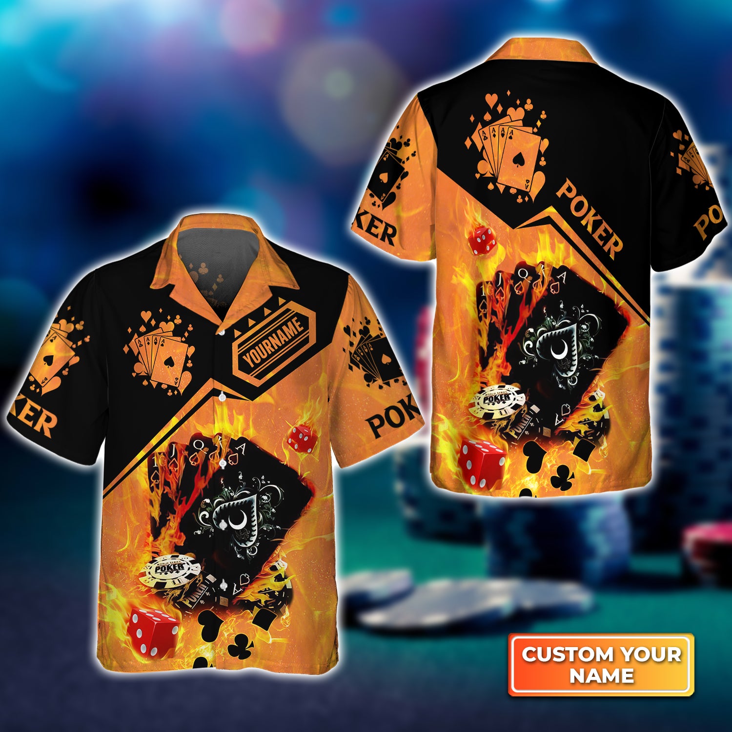 Poker Royal Flush On Fire Personalized Name 3D Hawaiian Shirt For Poker Players QB95