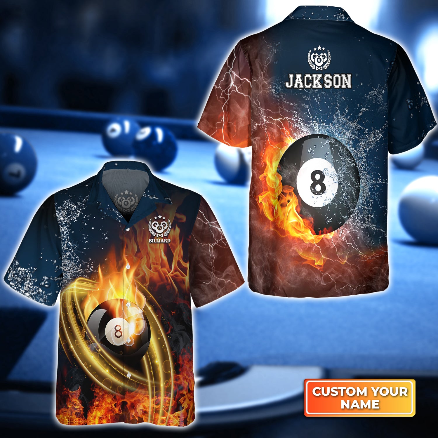 8Ball Billiard On Fire Personalized Name 3D Hawaiian Shirt For Billiard Players QB95