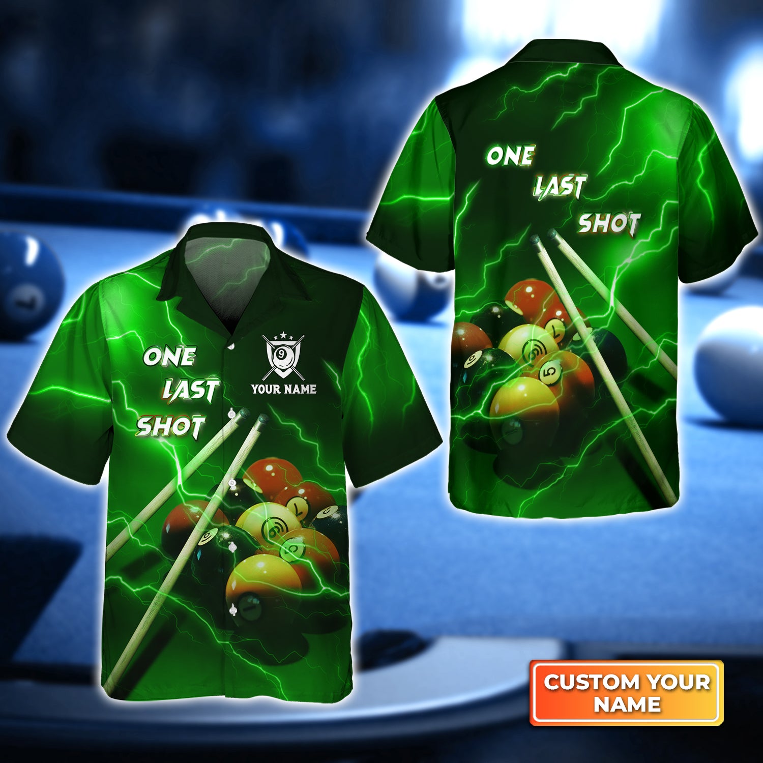 One Last Shot Billiard 9 Ball Thunder Lightning Fluor Green Personalized Name 3D Hawaiian Shirt For Billiard Players QB95