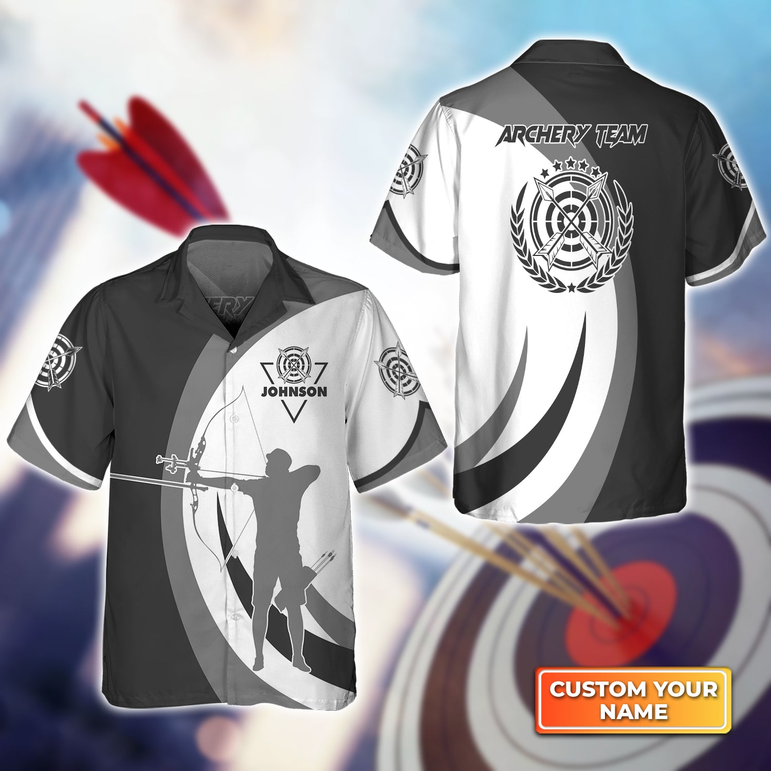 Black And Grey Silhouette Archery Target Personalized Name 3D Hawaiian Shirt QB95 Gift For Archer