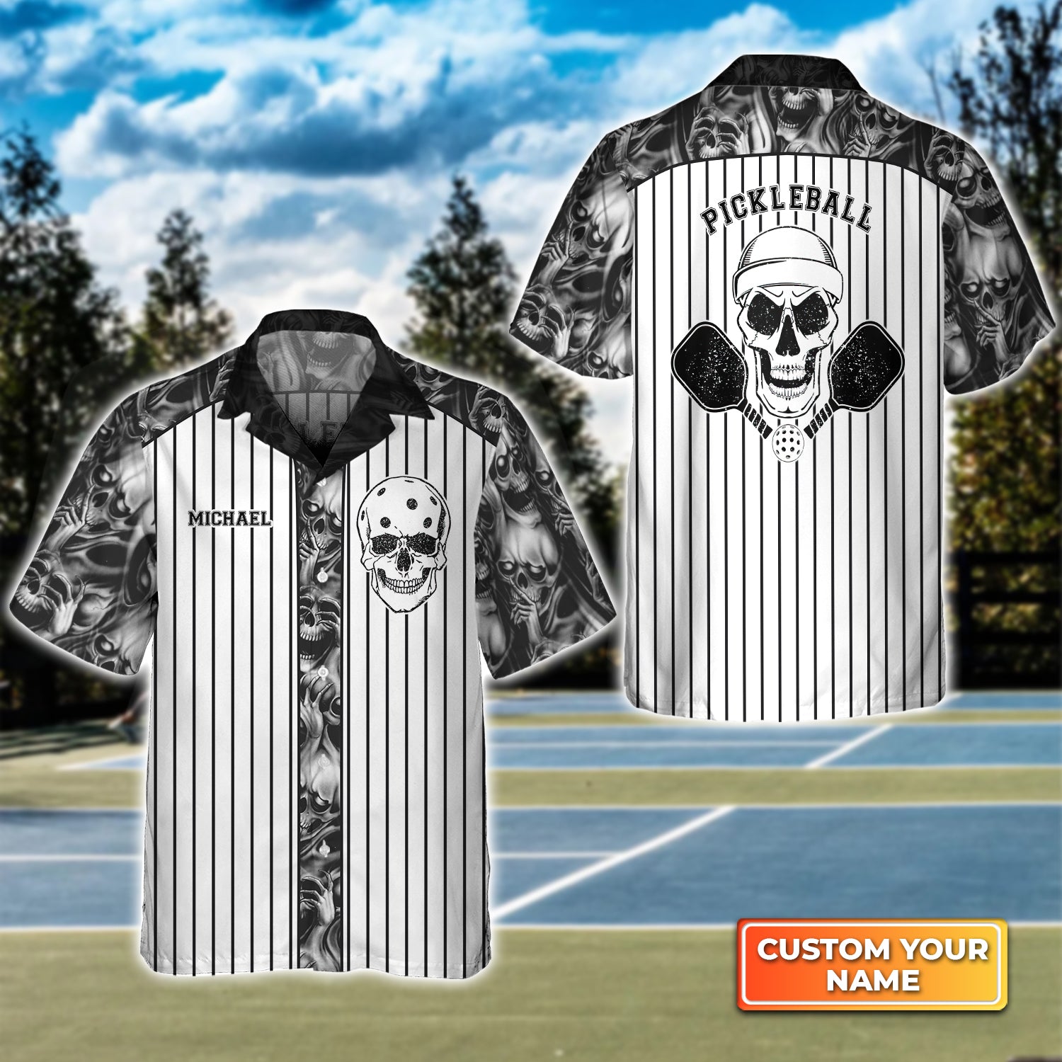 Skull Vertical Stripes Personalized Name 3D Hawaiian Shirt QB95 Gift For Pickleball Player