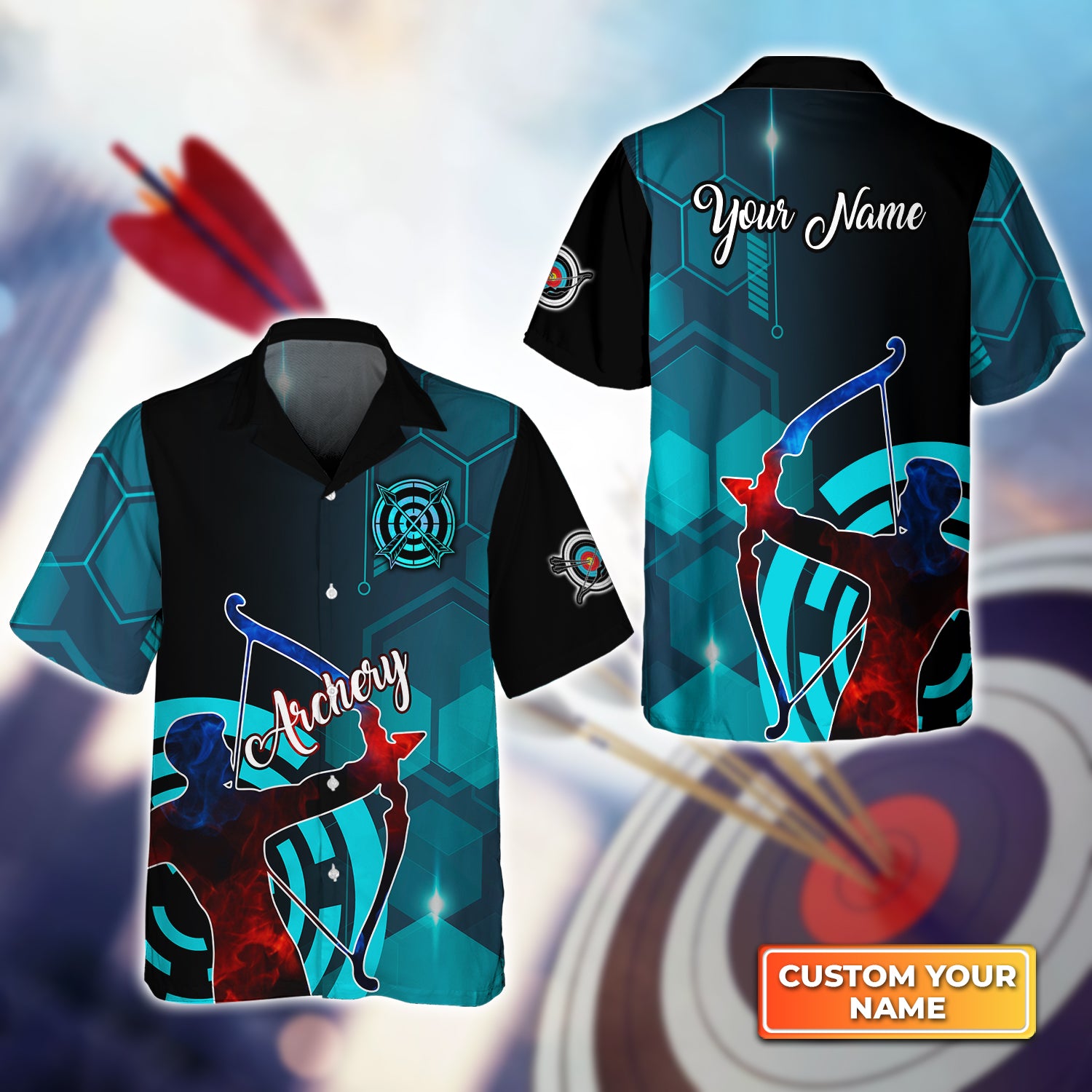 Archery Watercolor Short Sleeve Shirts Personalized Name 3D Target Bow Hawaiian Shirt QB95 Gift For Archer Sport Lovers