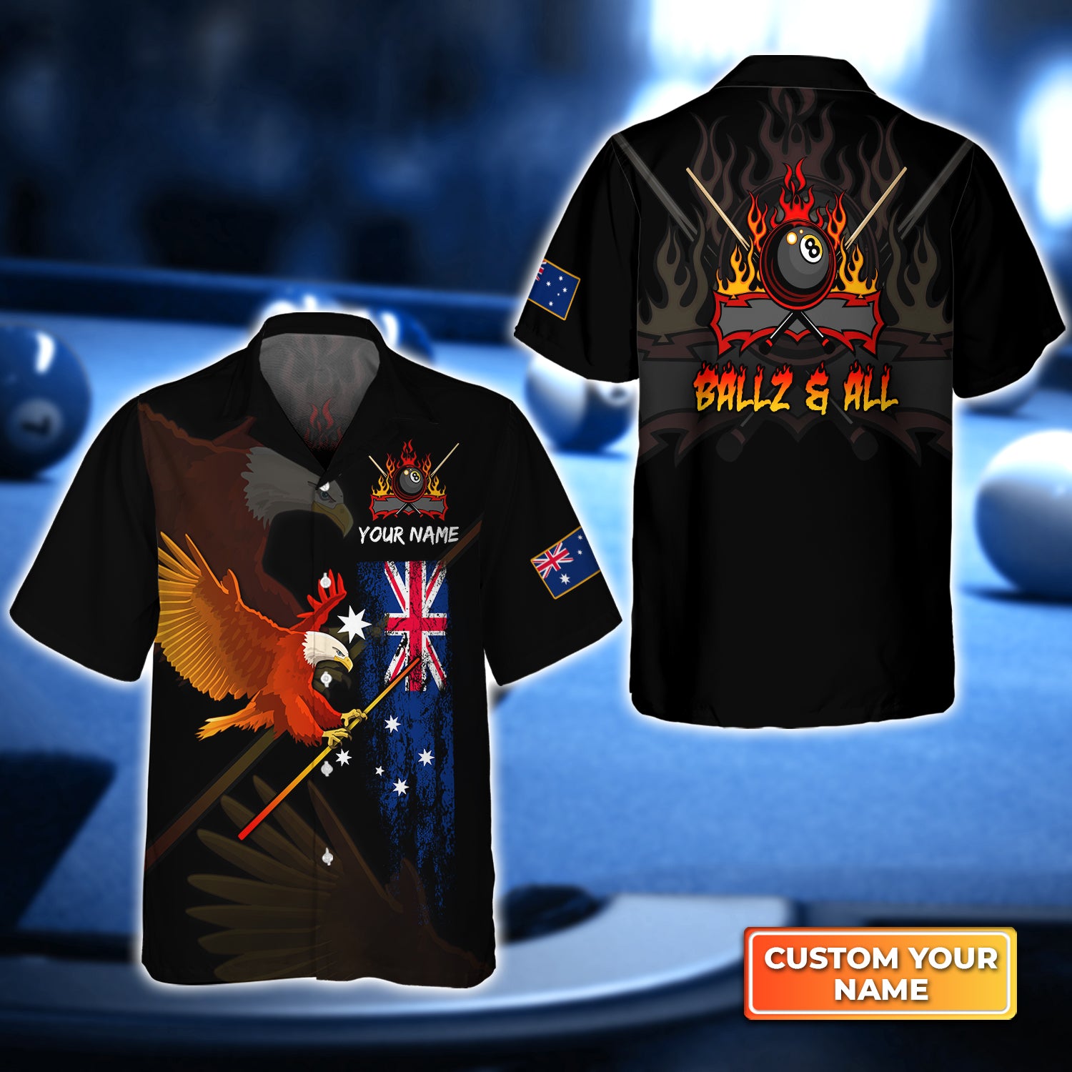 Eagle BALLZ & ALL Team Bones 8 Ball Australia Flag Billiards Personalized Name 3D Hawaiian Shirt For Billiard Players QB95