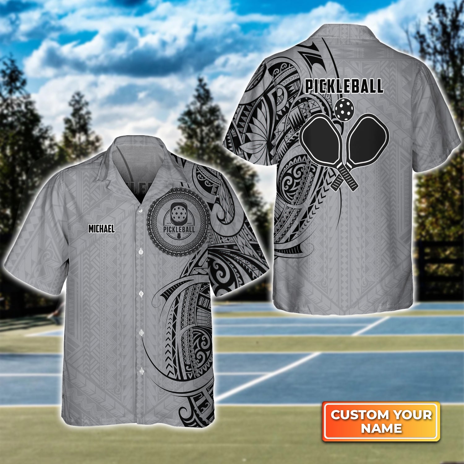 Strike Grey Tribal Tattoo Personalized Name 3D Hawaiian Shirt QB95 Gift For Pickleball Player