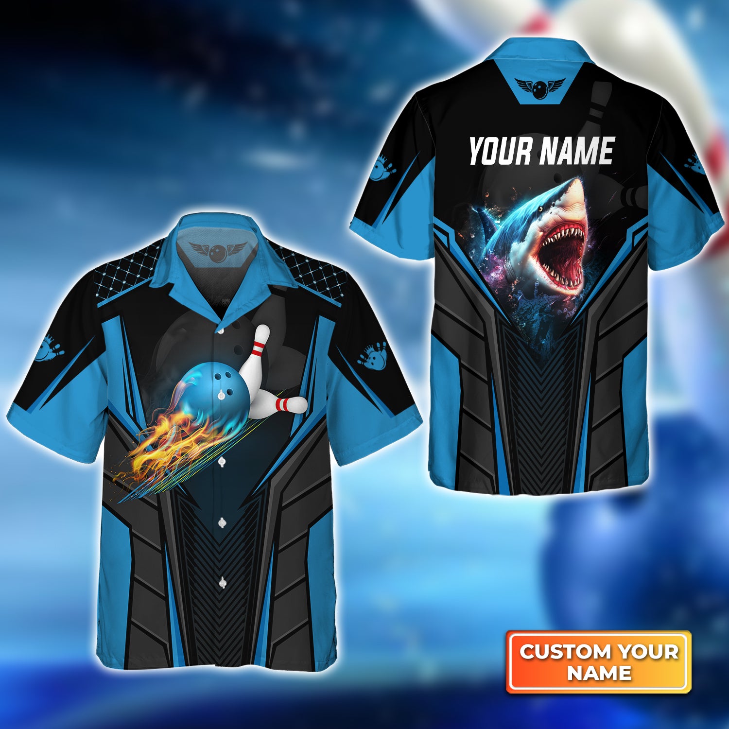 Shark Team Blue Bowling Ball Personalized Name 3D Hawaiian Shirt QB95