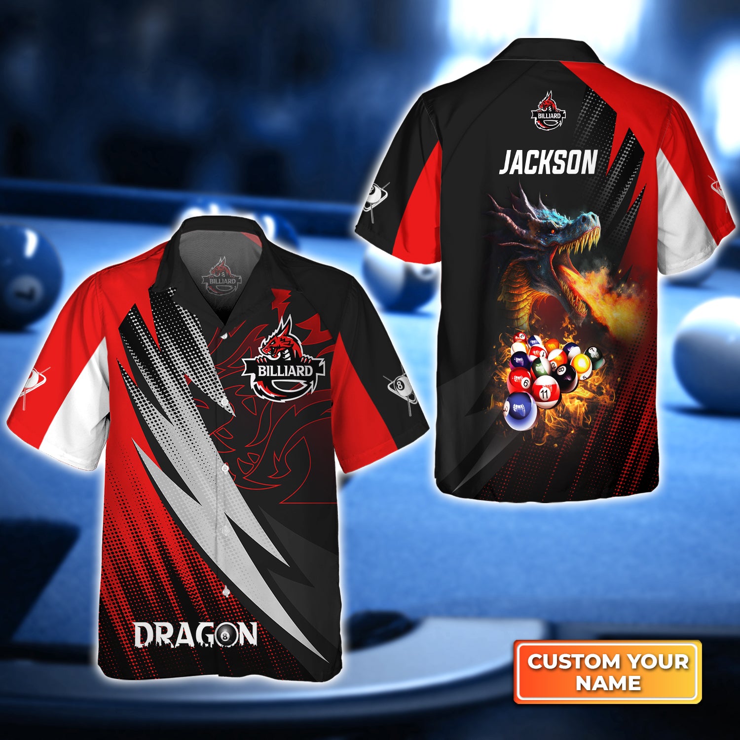 Dragon Team Billiard Pool 8 Ball On Fire Personalized Name 3D Hawaiian Shirt For Billiard Players QB95