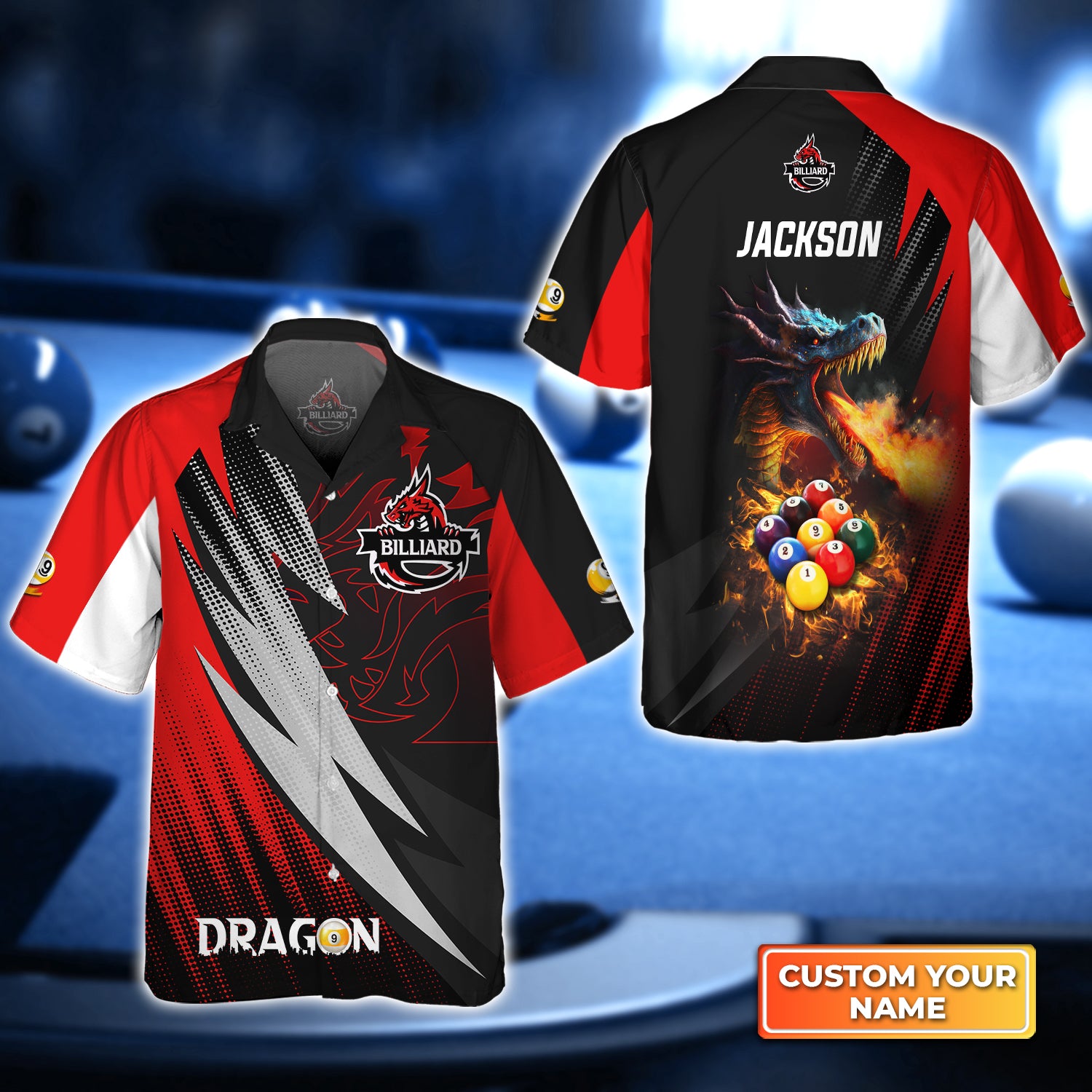 Dragon Team Billiard Pool 9 Ball On Fire Personalized Name 3D Hawaiian Shirt For Billiard Players QB95