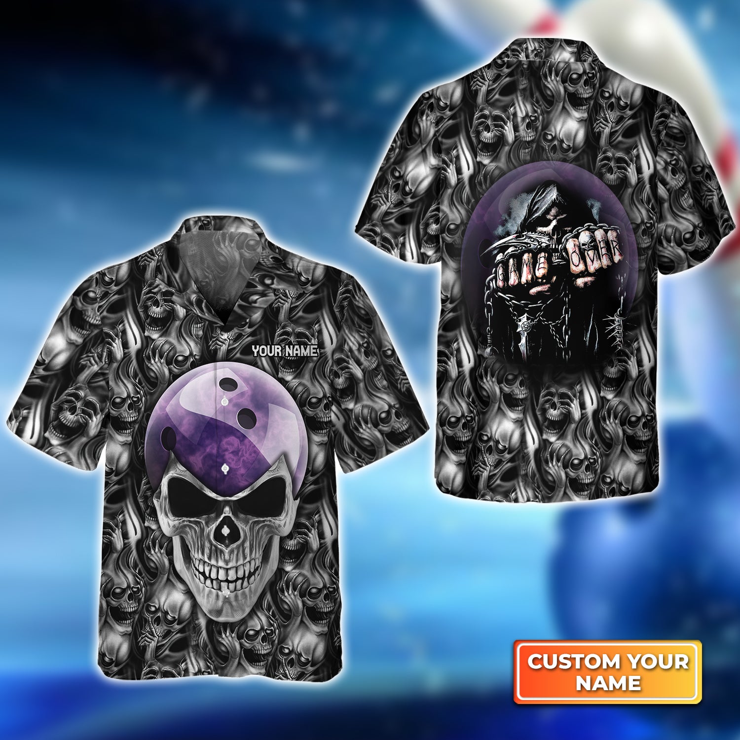 Purple Skull Bowling Ball Personalized Name 3D Hawaiian Shirt QB95